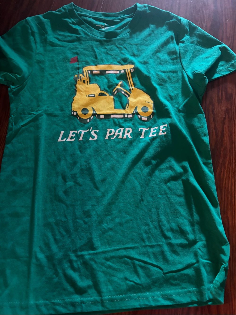 Womens LETS PAR TEE Green Graphic Tee with Yellow Golf Cart Print